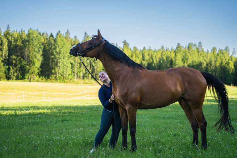 Hevoshieroja ja eläinfysioterapeutti Jonna hevosen kanssa